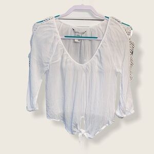 American Rag blouse tie front at waist cut out sleeves embroidered scoop Sz XS